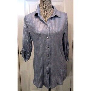 NWT Pure Amici Metallic Gunmetal Silver Button Front Blouse Top Size XS